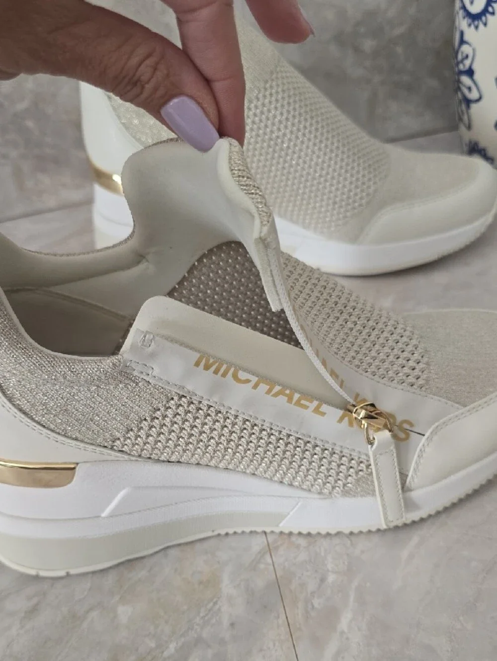 Michael Kors Willis Metallic Stretch Knit Wedge Trainer Sneakers Champagne 7.5